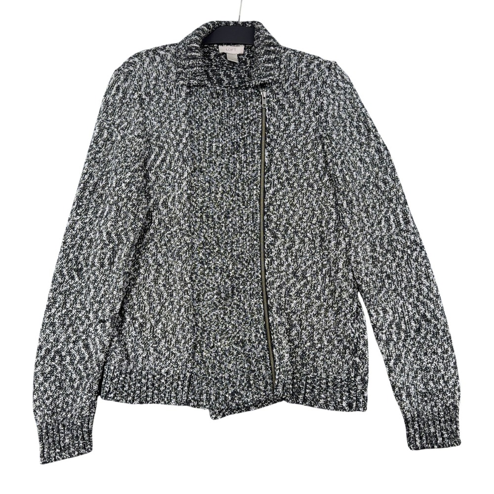 LOFT Womens XL Black White Marled Asymmetrical Zip Moto Sweater Jacket Cardigan